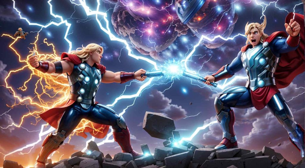 Witness the epic clash of Thor, the mighty god of thunder, faces off against Silver Surfer, the cosmic herald of Galactus.